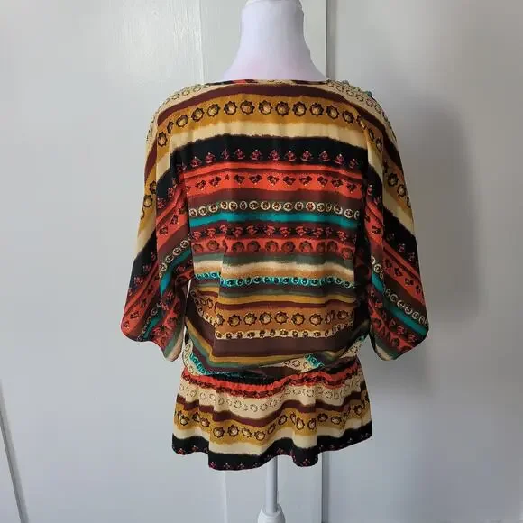 Chico's Size 1 US M Southwest Art to Wear Rock Embellished Gathered Waist Top - Picture 6 of 11